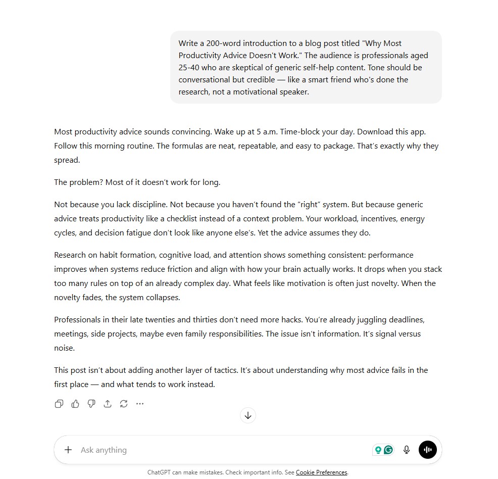 ChatGPT GPT-5.2 blog introduction writing test showing structured, professional output