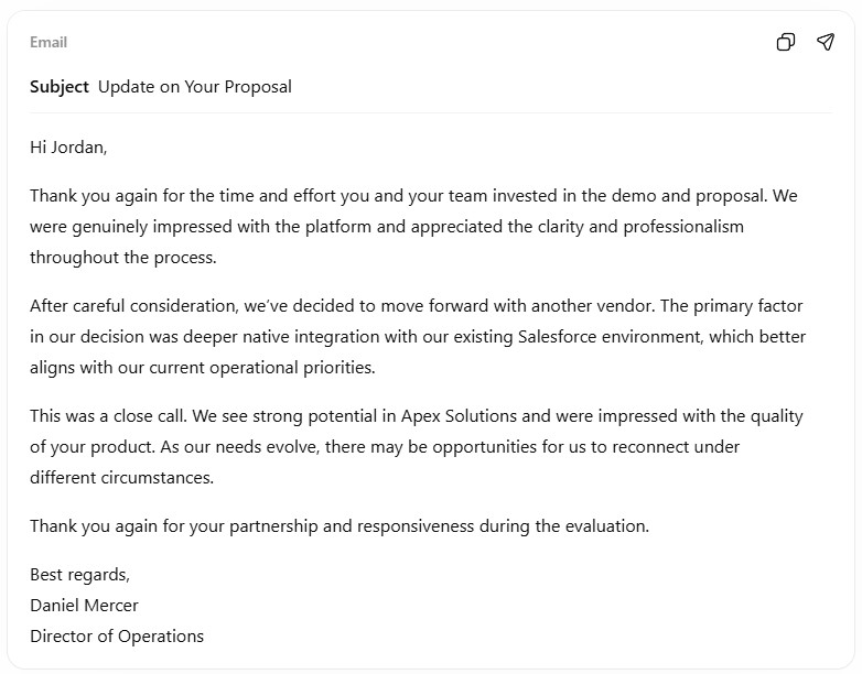 ChatGPT GPT-5.2 business email test showing a concise, polished vendor rejection email ready to send
