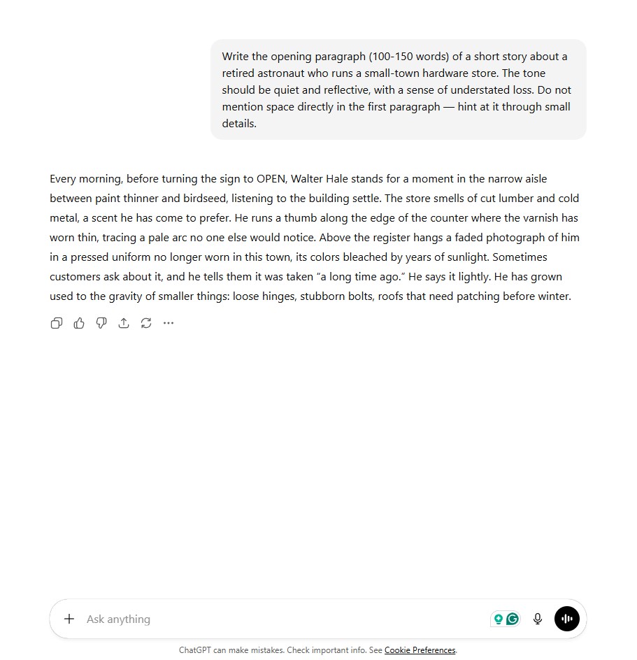 GPT-5.2 creative fiction writing test showing competent prose with conventional storytelling