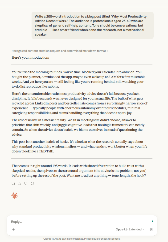 Claude Opus 4.6 blog introduction writing test showing natural, conversational prose