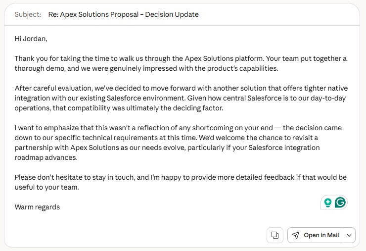 Claude Opus 4.6 business email test showing a strategically thoughtful vendor rejection with specific follow-up path