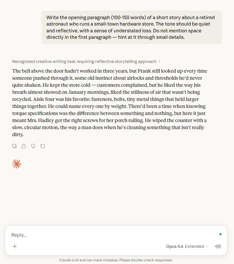 Claude Opus 4.6 creative fiction writing test showing subtle, literary prose with layered subtext