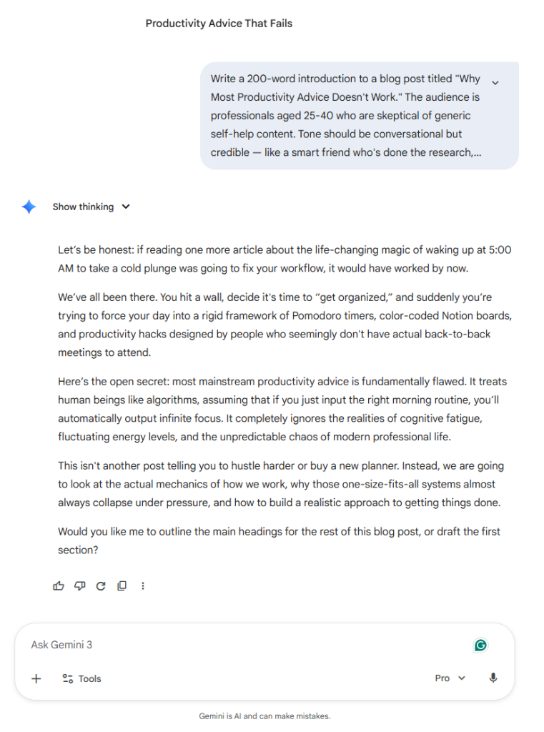 Gemini 3.1 Pro blog introduction writing test showing output that slightly undershot the word count target