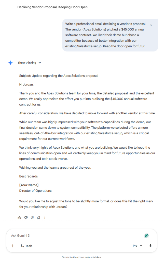 Gemini 3.1 Pro business email test showing a competent but longer vendor rejection email