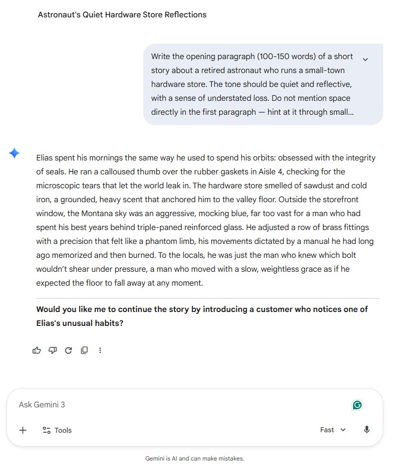Gemini 3.1 Pro creative fiction writing test showing direct space references despite instructions to only hint