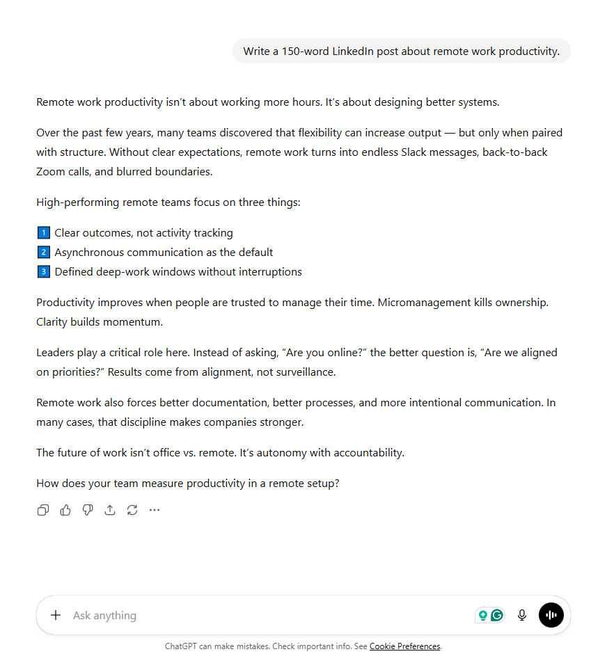 ChatGPT producing a generic LinkedIn post from a simple one-line prompt about remote work productivity