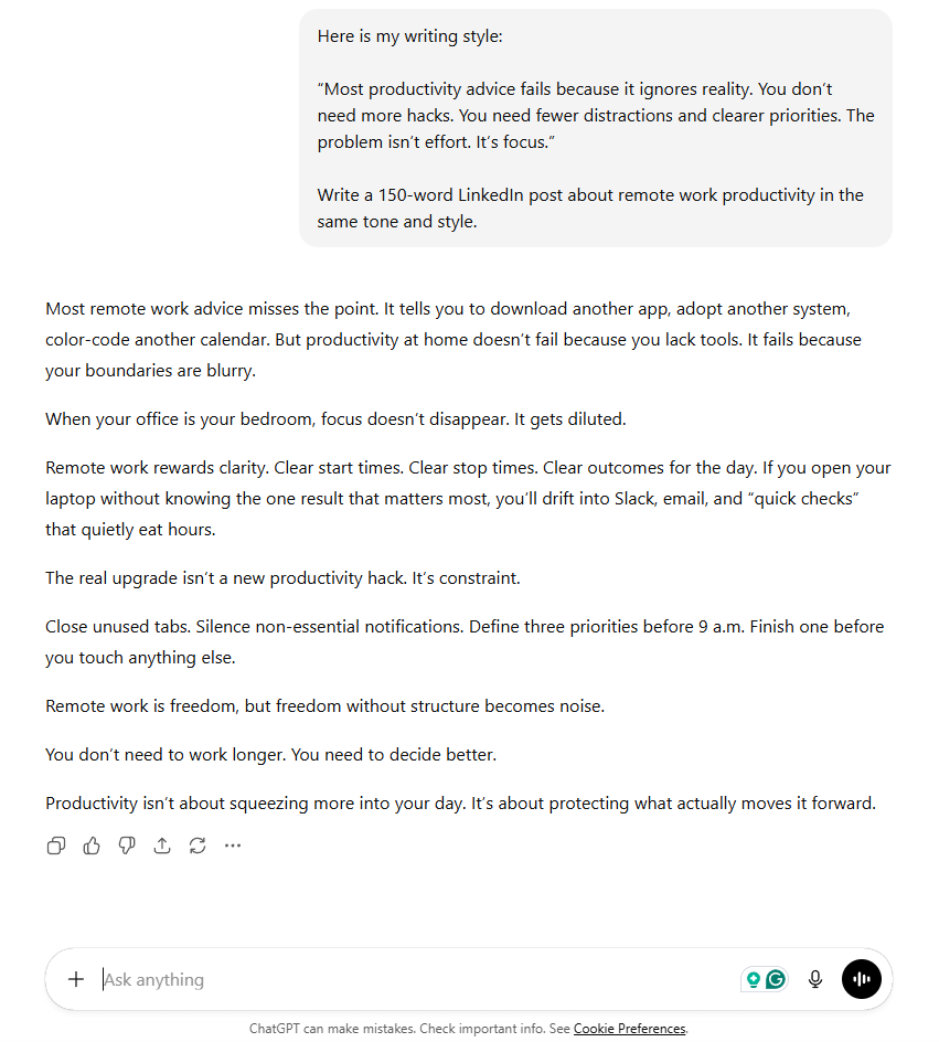 ChatGPT producing a more distinctive LinkedIn post after the prompt included a writing style example to match